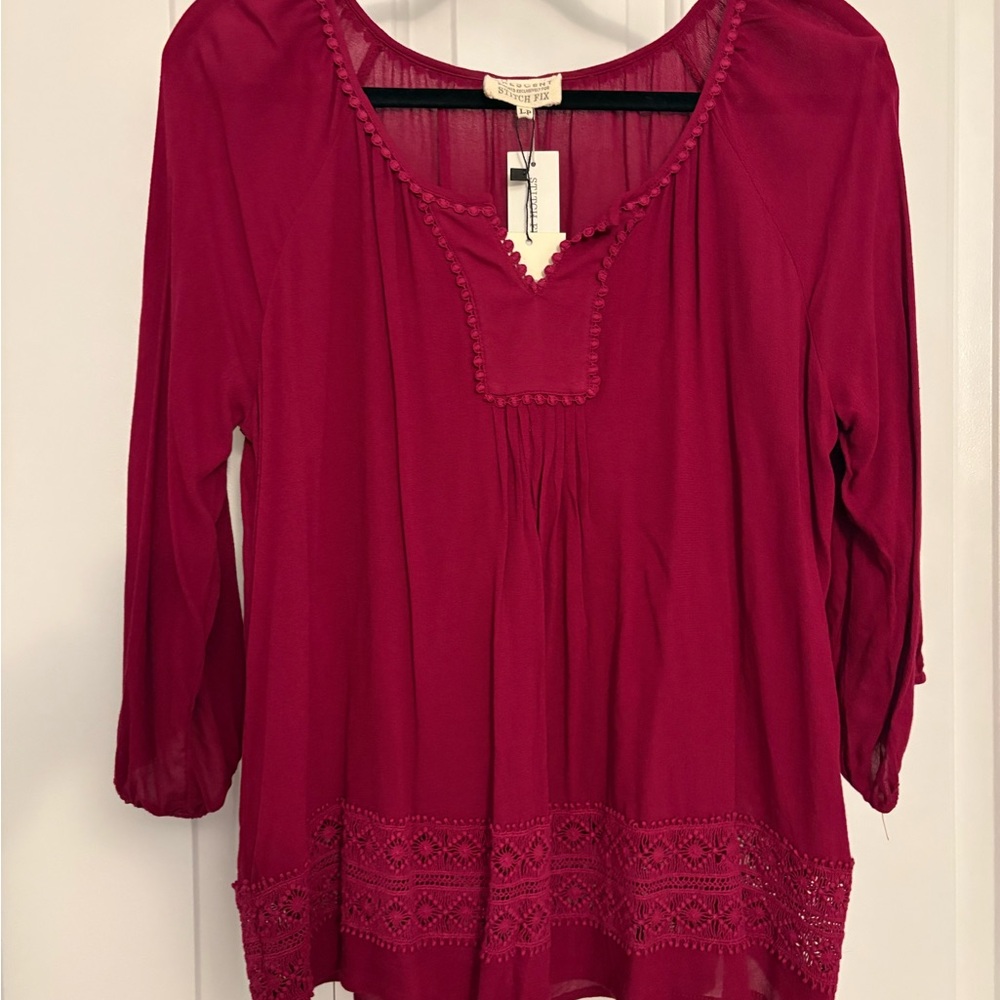 NEW Crescent Stitch Fix Red Crochet 3/4 Sleeve Split Neck Tunic Top Women LP